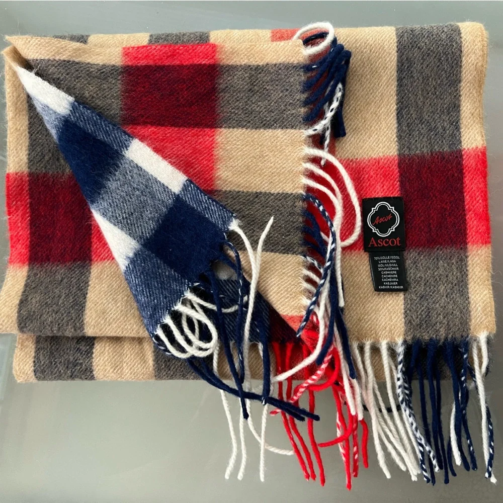 🐑🇩🇪Soft Wool & Cashmere Fringed Men’s or Women’s Tan/Red/Blue/White Plaid Scarf